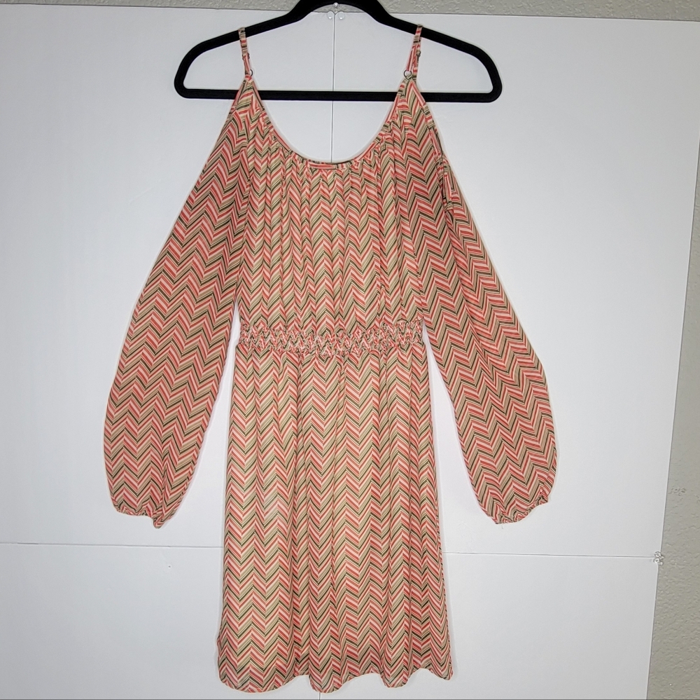 Chevron Cold Shoulder Mini Dress Coral Pink Green Size S